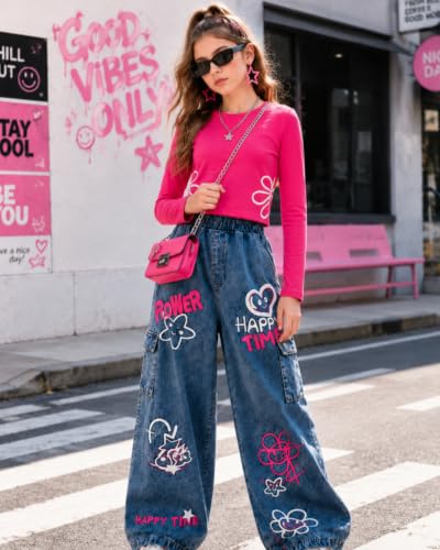 Image of Tween Girls Clothes 2 Piece Long Sleeve Top + Denim Cargo Pants, Teen Girls Fall Clothing Set, Sizes 7-16 Years