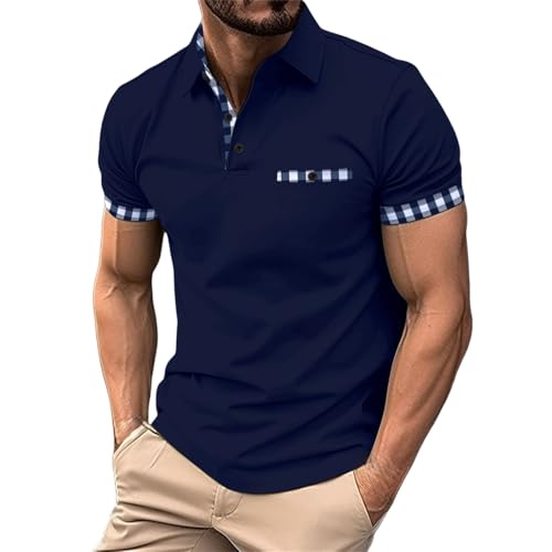 Mens Polo Shirts with Pocket Summer Short Sleeve Casual Solid Color Button down Lapel V Neck Muscle Fit T Shirt Breathable Lightweight Comfy Classic S