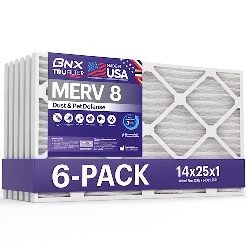Image of BNX TruFilter 14x25x1 Air Filter MERV 8 (6 Pack) - MADE IN USA - Dust & Pet Defense Electrostatic Pleated Air Conditioner HVAC AC Furnace Filters for Dust, Pet, Mold, Pollen MPR 600 - 700 & FPR 5