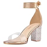 LALA IKAI Women's High Heels Strappy Rhinestone Sandals Open Toe Clear Block Mid Heels for Women Party Pumps Shoes Size 38.5,Gold