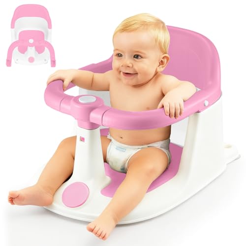 Trintion Baby Bath Seat, Non-Slip Soft Toddler Bath Chair 6 Months Plus with Suction Cups, Ergonomic Baby Bath Support, Grey (Pink, Upgrade)