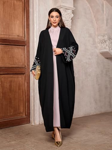 Image of Women's Ethnic Embroidery Muslim Abaya Open Kimono Cardigan Jalabiya
