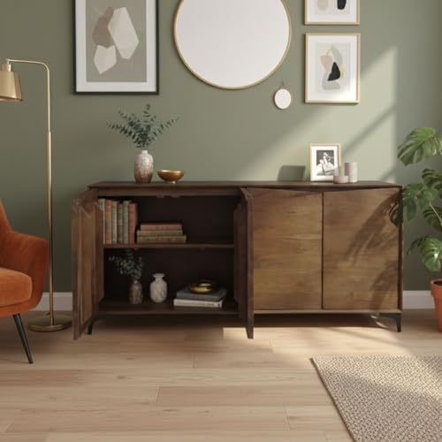 Image of Solid Mango Wood Cabinet with 4 Door | Cabinet for Bedroom,Living Room,Dining | Solid Wood Free Standing Sideboard