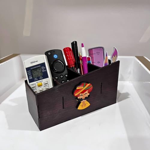 Image of Zesta Wooden Desk Organizer Pen Stand Remote Holder Card Slot | Table Accessory Office Desk Study Room | Pencil Storage Stand Stylish Workspace Decor (Rajasthani Man)