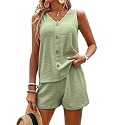 IVERIRMIN Women's Summer Vest Shorts 2 Piece Sets Casual Loose V Neck Button Tank Top Shorts Beac...