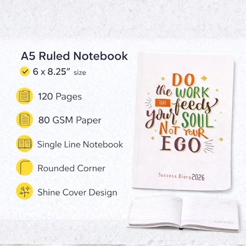 Image of Success Diary 2026 A5 Ruled Notebook | Motivational Quote Cover | 120 Pages | 80 GSM Paper | Rounded Corners | Single Line | Daily Writing Journal (Work Feeds Soul)