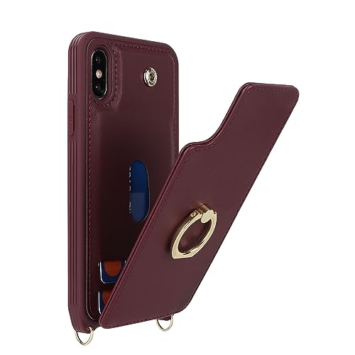 Image of for iPhone X /XS Case with Card Holder and Strap for Women,Crossbody Lanyard,Kickstand Ring Stand,Snap Clasp,Phone Wallet Cases 5.8 inch(Wine Red)