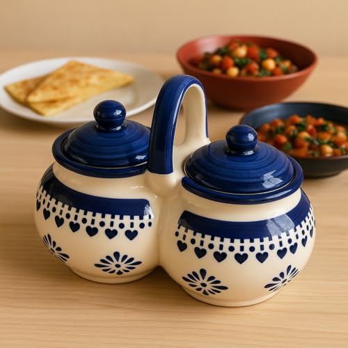 Image of Niyara Multipurpose Storage Ceramic Pickle set Jars & with Lid & tray (Set of 2, 300 ML) (Blue floral design)