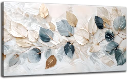 Large Living Eucalyptus Leaf Canvas Wall Art Teal White Botanical Abstract Decor painting Pictures Modern Nordic Plant Flowers Posters Prints for Bathroom Bedroom Office Hallway Home Decoration