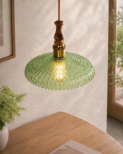 Image of Homesake Botanica Pendant Lamp | Petal Scalloped Glass Hanging Light with Solid Wood Top | Vintage European Ceiling Fixture, Pendant Light for Home Decor, Hallway, Kitchen & Balcony, (Ripple, Green)