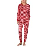 kate spade new york Women's 2-Piece Long Sleeve Crew Neck Top & Jogger Pants Pajama Lounge Set, Stretch Velour, Drawstring Waist, Red Dot, Medium