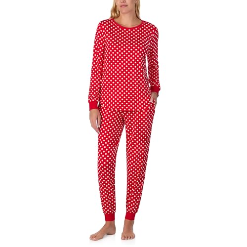 kate spade new york Women's 2-Piece Long Sleeve Crew Neck Top & Jogger Pants Pajama Lounge Set, Stretch Velour, Drawstring Waist, Red Dot, Medium