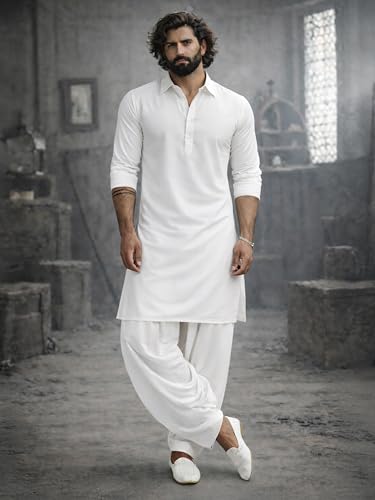Image of VASTRAMAY Men's Black and White Viscose Pathani Kurta Set, Traditional Pathani Khan Suit Set in Viscose Fabric, and Salwar Patiala Pyjama for Weddings & Festival, Ethnic Outfit | Independence Day