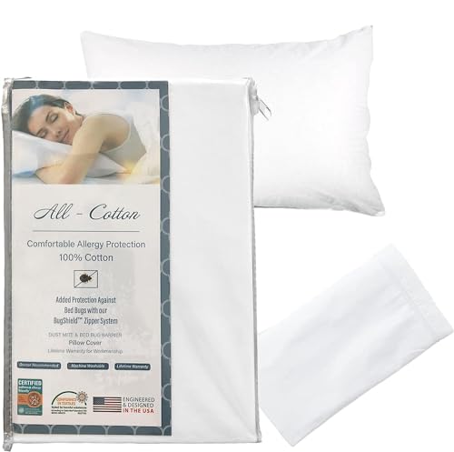 National Allergy 100% Cotton Pillow Protector Encasement - Queen Size - White - 1 Pack