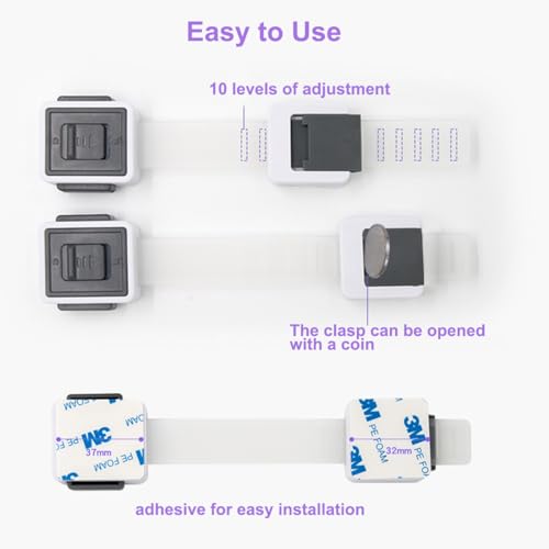 Child Proof Cabinet Locks, 4 Pack Baby Proofing Door Locks for Fridge Drawer Cupboard Dishwasher Cupboard Pantry and Toilet. Adhesive Safety Strap Locks for Kid and Toddler Proofing