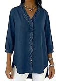Generisch Camisa vaquera informal para mujer con cuello en V y volantes, blusas suaves de mezclilla de manga 3/4 con botones, 2026 tops holgados con dobladillo alto y bajo, azul oscuro, L
