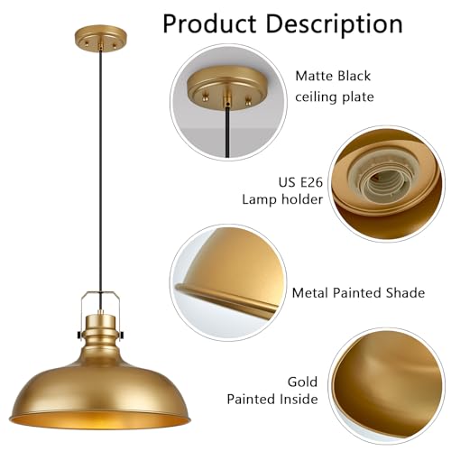 Image of Gold Farmhouse Pendant Lights for Kitchen Island 16 Inch | ETL Certificate,Industrial Adjustable Height Vintage Dome Hanging Light Fixtures for Barn, Dining Room 2 Pack
