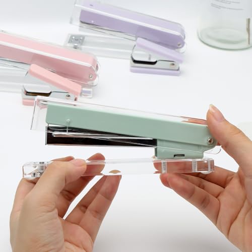 Mint Green Desk Stapler Staples Remover Set Clear Acrylic Body Metallic Stapler Manual Stapling tool with Staple Remover Kit for Home School Office Desktop Accessories Stationery Supplies (Mint Green)