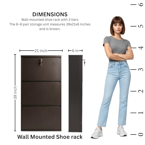 Image of 3 Door Wall Mounted Metal Shoe Rack Cabinet with Lock | Space Saving Shoe Storage Cabinet | Dustproof & Ventilated Shoe Organizer for Home, Entryway, Bedroom & Balcony | Brown | 39 x 21 x 6 Inch