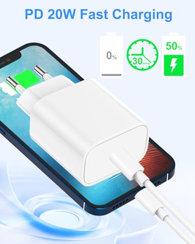 iPhone snellader met snellaadkabel, 2 m, Apple MFi gecertificeerd, 20 W USB C oplader, iPhone voeding, USB C laadadapter, snellader, adater, USB C voor iPhone 14, 13, 12, 11 Pro Max/XS/XR/SE/8/iPad - Afbeelding 5