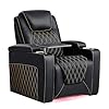 Chic top grain leather home theater seating power headrest recling movie gaming recliner sofa with 7 colors ambient lighting golden cup holder carbon fiber tray table row of 1 black  urban country home decor