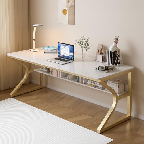 OSCHF Doppelter Langer Schreibtisch mit Regal – 160cm PC Tisch für 2 Personen, moderner Computertisch Bürotisch für Zuhause und Büro, Gold