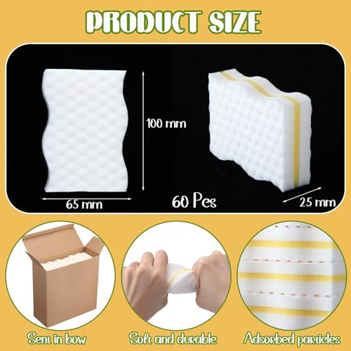 Image of SiliFine 60 Pack Magic Extra Durable Sponge Eraser 3 Layer Density Cleaning Pads in Bulk Thick More Lasting Sponge Eraser for Bathroom Kitchen Floor Bathtub Toilet Cleaner(Yellow and White)