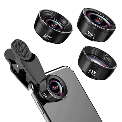 Obiettivo Smartphone, Kit di Obiettivi 3 in 1 per Cellulare, 120° Obiettivo grandangolare 25X Lente Macro, 210° Obiettivo Fisheye, 3 in 1 Kit di Clip per Lenti per Telefono Cellulare