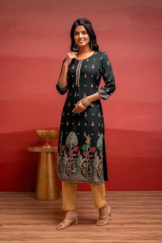 Image of Juniper Dark Green Festive Straight Kurta with Heritage Motifs