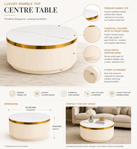 Image of Modern Round Centre Table - 76x76x46 cm | White Marble Top with Gold Accent Strip & Charcoal Louvers | Luxury Coffee & Tea Table for Living Room, Lounge & Entryway (Ivery)