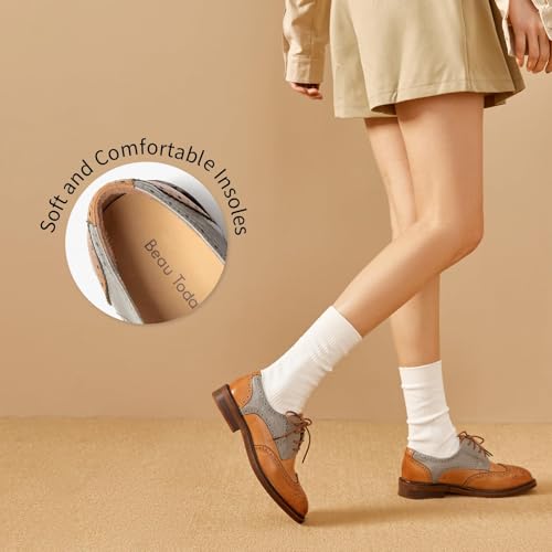Image of BEAU TODAY Oxford Shoes for Women,Leather Brogue Dress Shoes,Comfort Brethable Ladies Lace-up Handmade Wingtip Shoes for Business Work