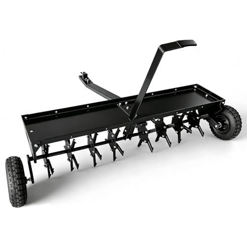 48 in Tow Behind Lawn Aerator, Heavy Duty Pull Behind Plug Aerator with Universal Hitch, 3 in Deep Spikes & Inflatable Wheels, Ideal for Compacted Cla