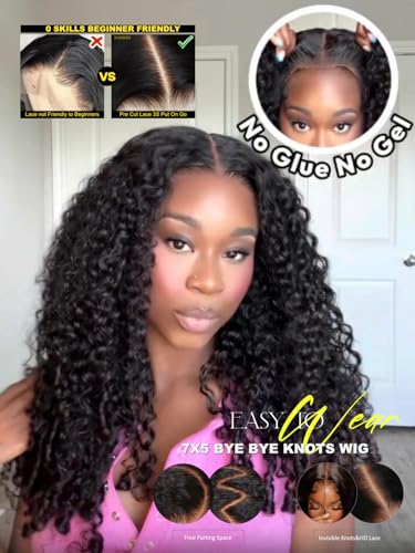 Image of Bye Bye Knots Curly Human Hair Wig with Finger Coil Ends 22inch | 7x5 HD Pre Cut Lace Pre Bleached Invisible Knots 150% Density Put On and Go Glueless Curly Wigs for Beginner
