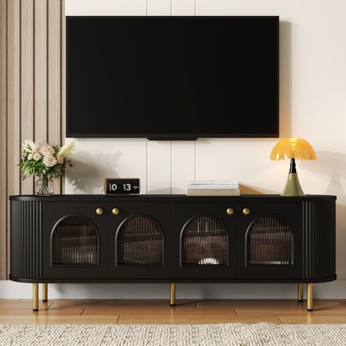 OCACA Mueble de TV con puertas de cristal, práctico mueble de almacenamiento para sala de estar, asas doradas y patas (negro)
