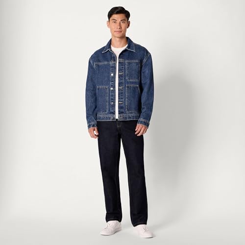 Image of Amazon Essentials Men's Heavyweight Rigid Denim Relaxed-Fit Utility Jacket with Pockets, Shank Button Closure