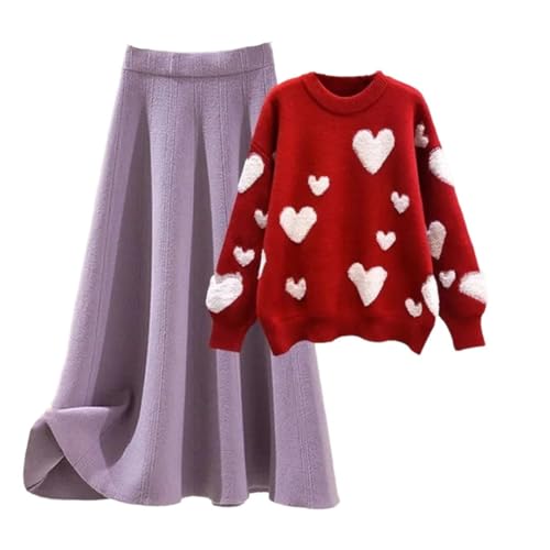 Ensemble deux pièces femme avec pull cœur et jupe tricotée taille XL pour l'automne hiver