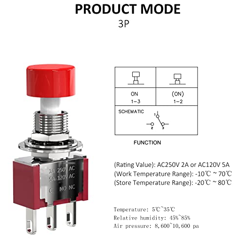 DIYhz AC 2A/250V 5A/120V 3 Pin Momentary Push Button Switch NO NC with Red Cap 5Pcs by DIYhz - Image 4