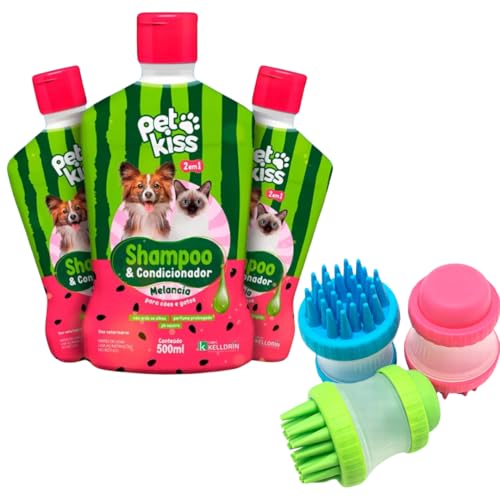 Kit 3 Shampoo Condicionador para cães e gatos Melancia 2 Em 1 Kelldrin 500ml + 1 escova de banho mas