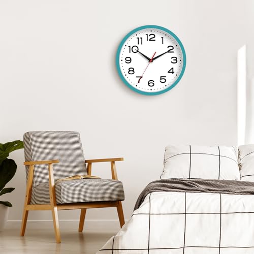 Image of Roymnie 8 Inch Small Wall Clock, Battery Operated Silent Non Ticking Blue | analog wall clock; bold numerals for easy reading; silent non-ticking; 1 AA battery (not included); for classroom