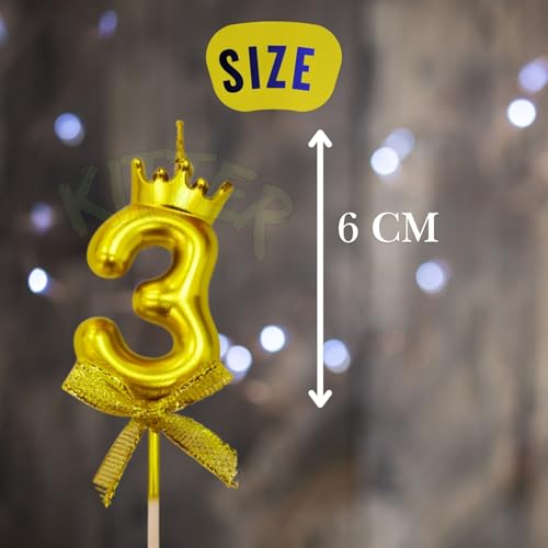 Image of KITTER 1 Pc 3 Number Candle for Birthday Cake, 3rd Birthday Cake Decoration, Three Candle with Crown on Top Metallic Gold Number Cake Topper 0-9 Number Candles for Birth day (Pack of 1, Gold colour)