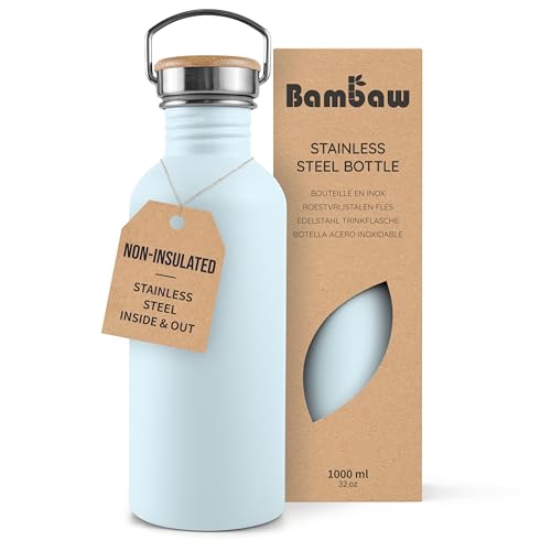 Image of Bambaw 1 Litre Stainless Steel Water Bottle, Light Blue Water Bottle, BPA-Free Non-Insulated Sports Bottle, 1 Litre Stainless Steel Bottle - Polar Blue