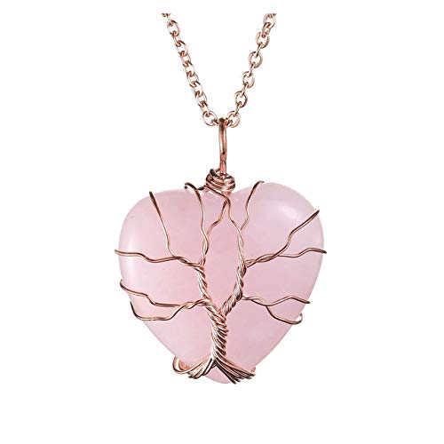 Jovivi Love Heart Rose Quartz Healing Stone Crystal Necklace Rose Gold Wire Wrapped