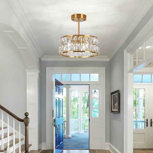 WELAKI Modern 4-Light Gold Crystal Chandelier Ceiling Light, 12-Inch Small Round Semi Flush Mount Chandelier-Style Ceiling Light for Kitchen Island & Entryway by WELAKI - Image 4