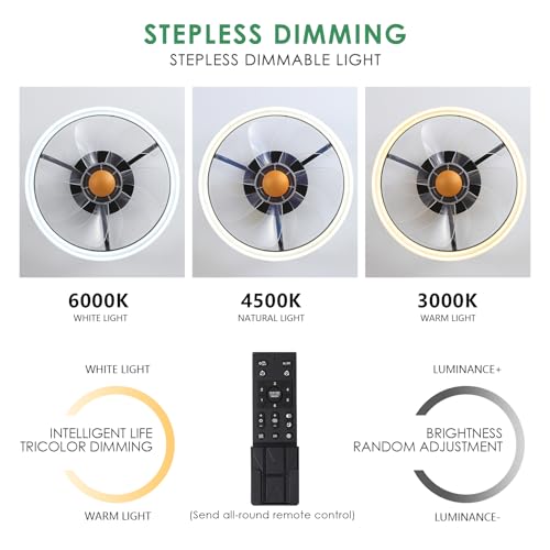 Image of Mpayel Ceiling Fans with Lights and Remote - Flush Mount Low Profile Ceiling Fans - 13 inch Bladeless Enclosed Ceiling Fans with Led Light and Stepless Dimming, Small Modern Ceiling Fan for Bedroom