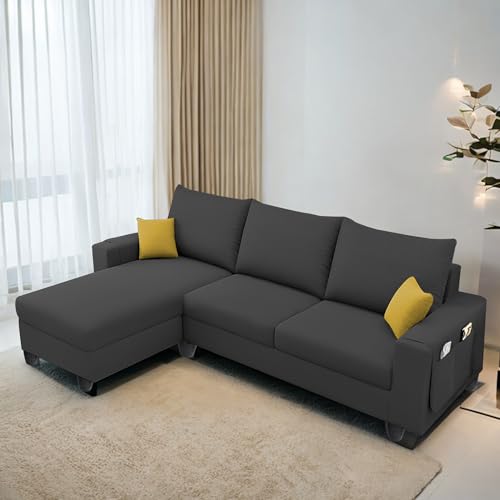 Image of Casaliving Porto LHS 4 Seater L Shape Sofa Set for Living Room (Black Fabric) Premium Velvet Fabric Sofa Set