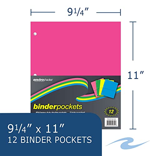 Roaring Spring Recycled Double Pocket Heavyweight Binder Pockets, 12 Pack, 11" X 9", Easily Add Storage To Your 3 Ring Binders, Assorted Neon Colors #TOP1