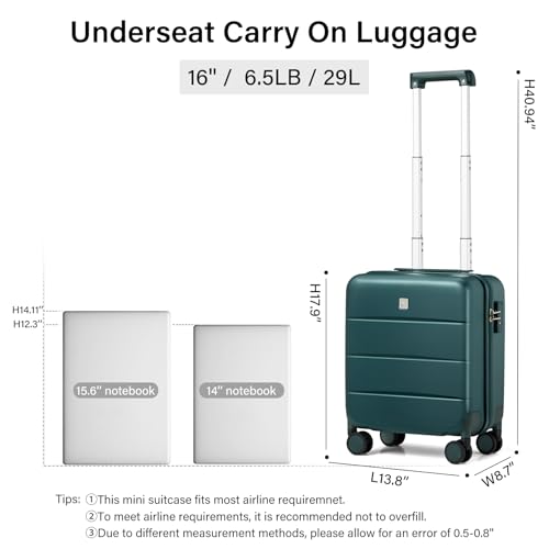 Hanke 16 Inch Underseat Carry On Luggage with Wheels Hard Shell Mini Small Suitcases Carry On Bag for Airline Approved TSA Luggage Lightweight Travel Suitcase(Blackish Green) - Thumbnail 3