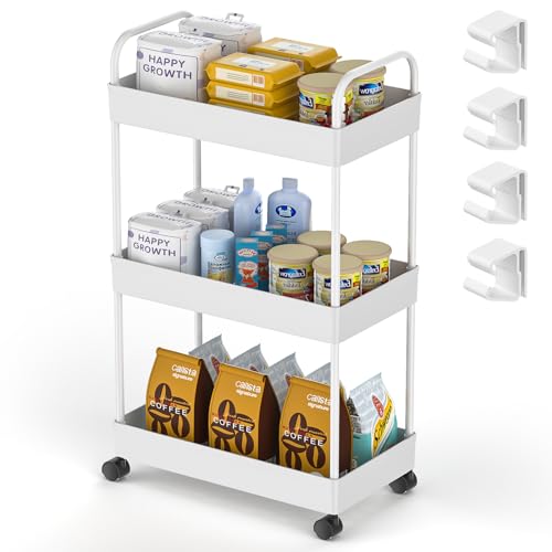 Carro de Almacenamiento de 3 Niveles Carrito Auxiliar Cocina Plástico Carrito Auxiliar con Ruedas Ahorra Espacio Organizador de estanterías móviles Carro Multiusos para Baño, Cocina, Oficina (Blanco)