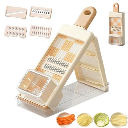 Vegetable Chopper Mandoline Slicer with Container, Multi-Function Kitchen Grater with 4 Interchangeable Blades, Protective Hand Guard & Wall-Mountable Storage for Slicing Shredding Wavy Cuts (Orange)