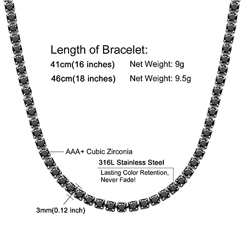 Diamond Tennis Chain Stainless Steel 3Mm Round Cubic Zirconia Cut Hip Hop Classic Iced Out Short Tennis Necklace For Men Women 18", Black Color #TOP5